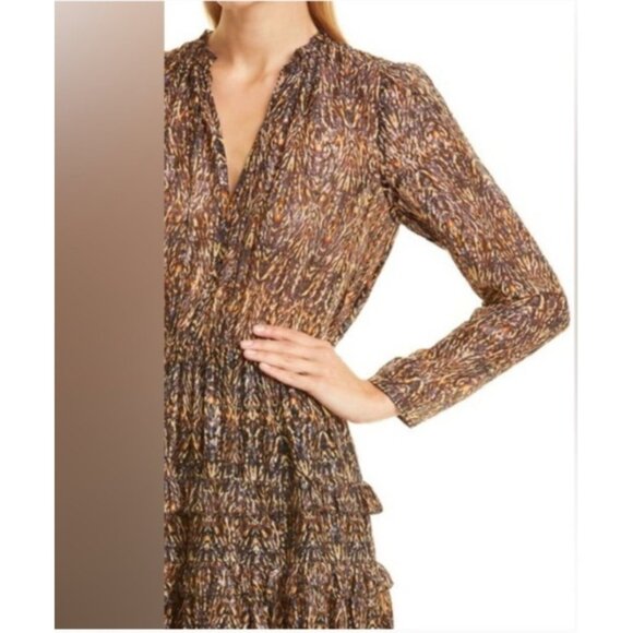 ba&sh Paris Mini Dress Sze2 Medium Printed Long Sleeve Ruffle Tiered V Neck Kaki - Picture 6 of 16